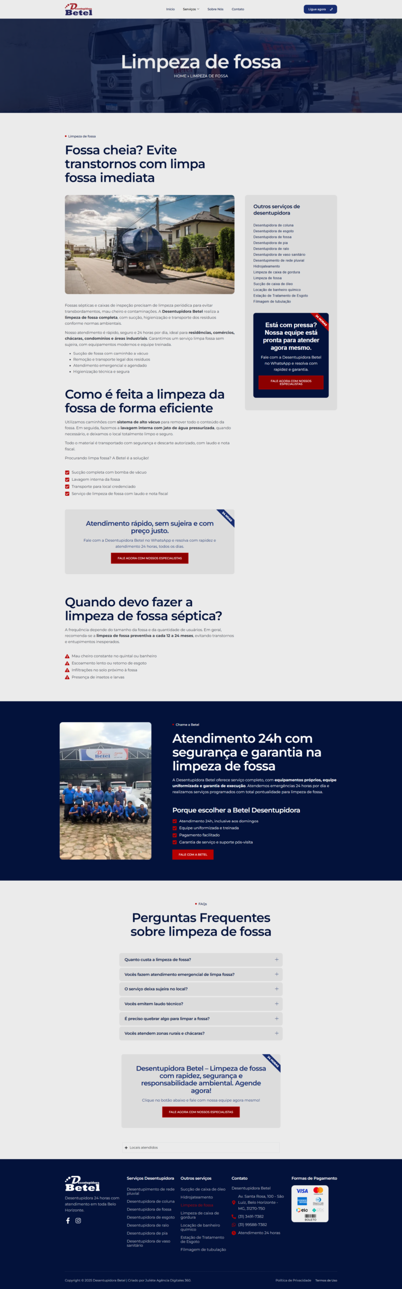 Página de limpeza de fossa desenvolvida para Desentupidora Betel
